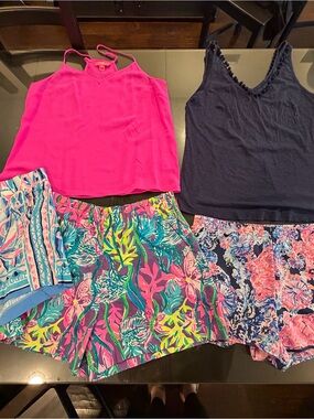 Lilly Pulitzer Bright Pink Camisole & Navy Tank with Floral Shorts Bundle